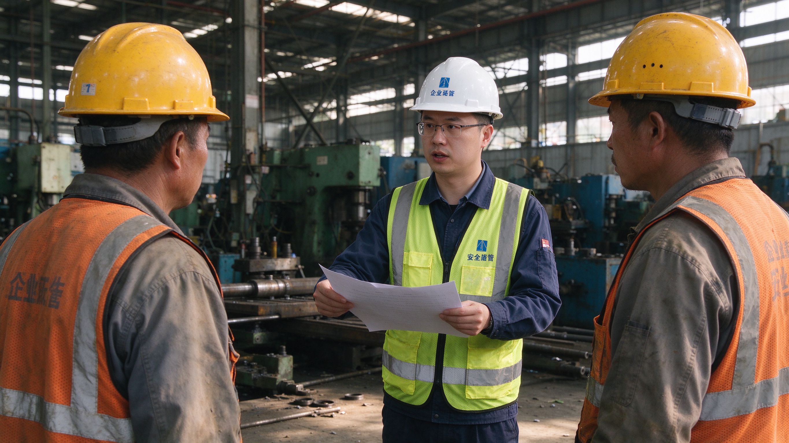 建筑企业内部安全培训现场，安全员给工人做安全交底