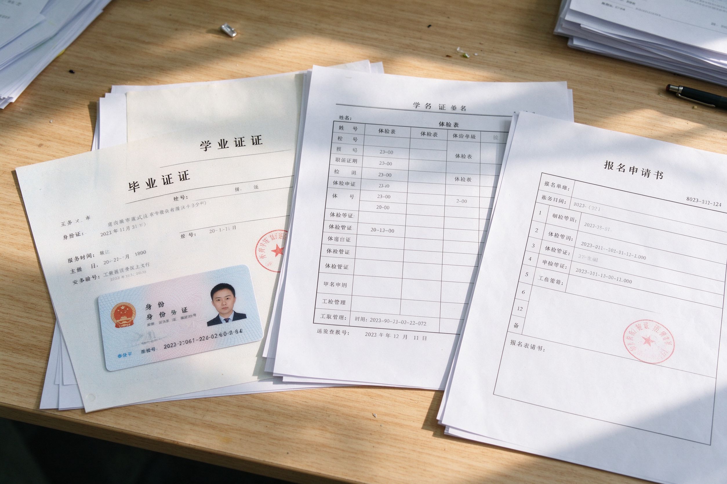 身份证复印件、学历证明、体检表、报名申请表等材料整齐摆放在原木桌面