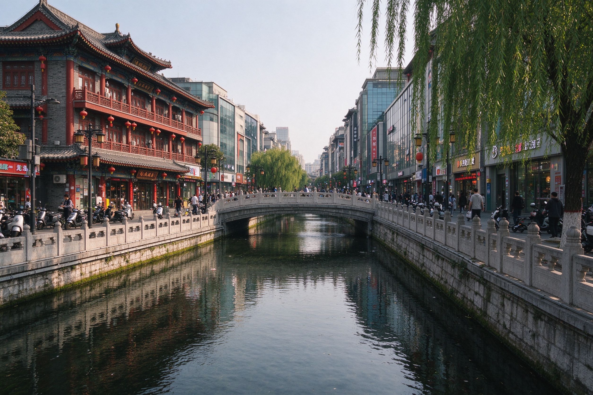 许昌护城河边仿古建筑与现代街区