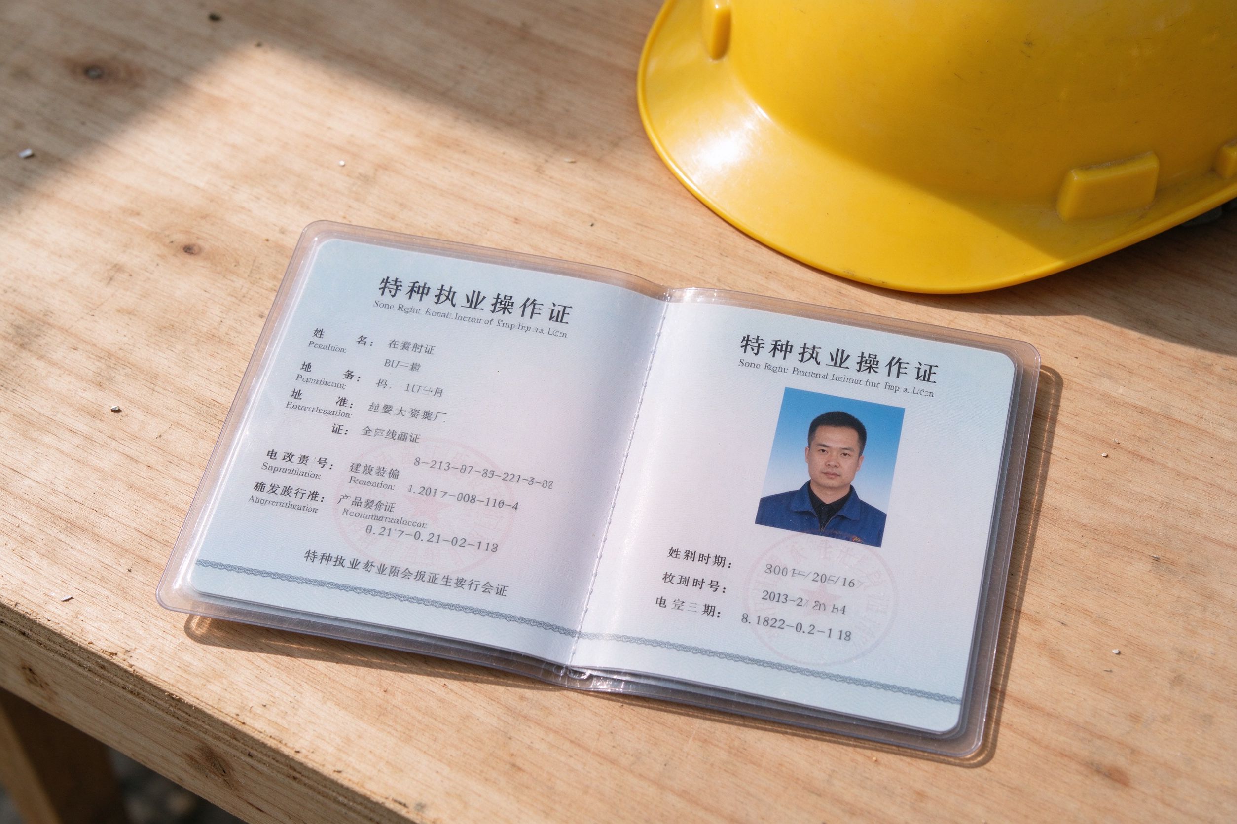 特种作业操作证证件特写放在原木桌面旁边是安全帽