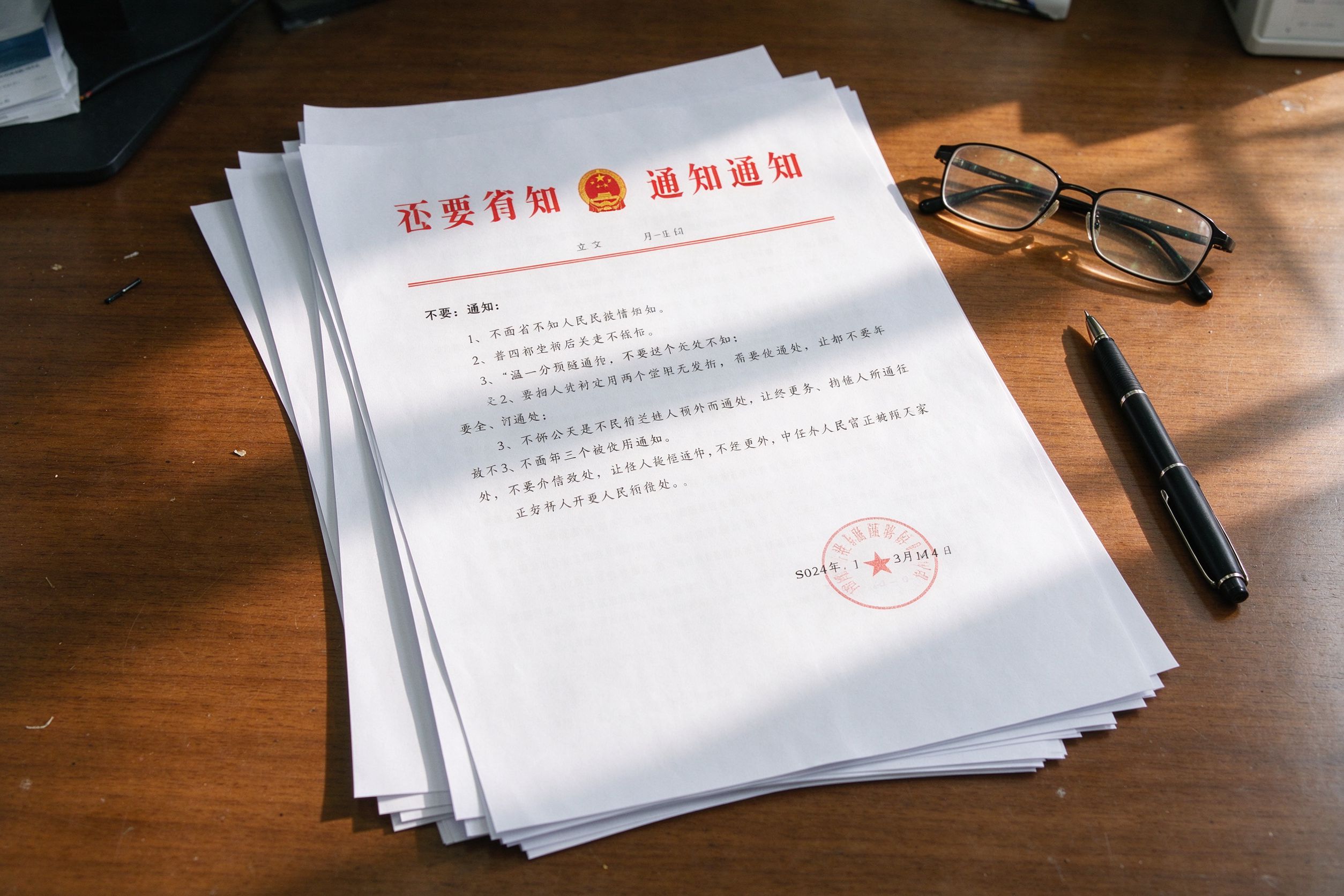 办公桌上摆放的通知文件与印章